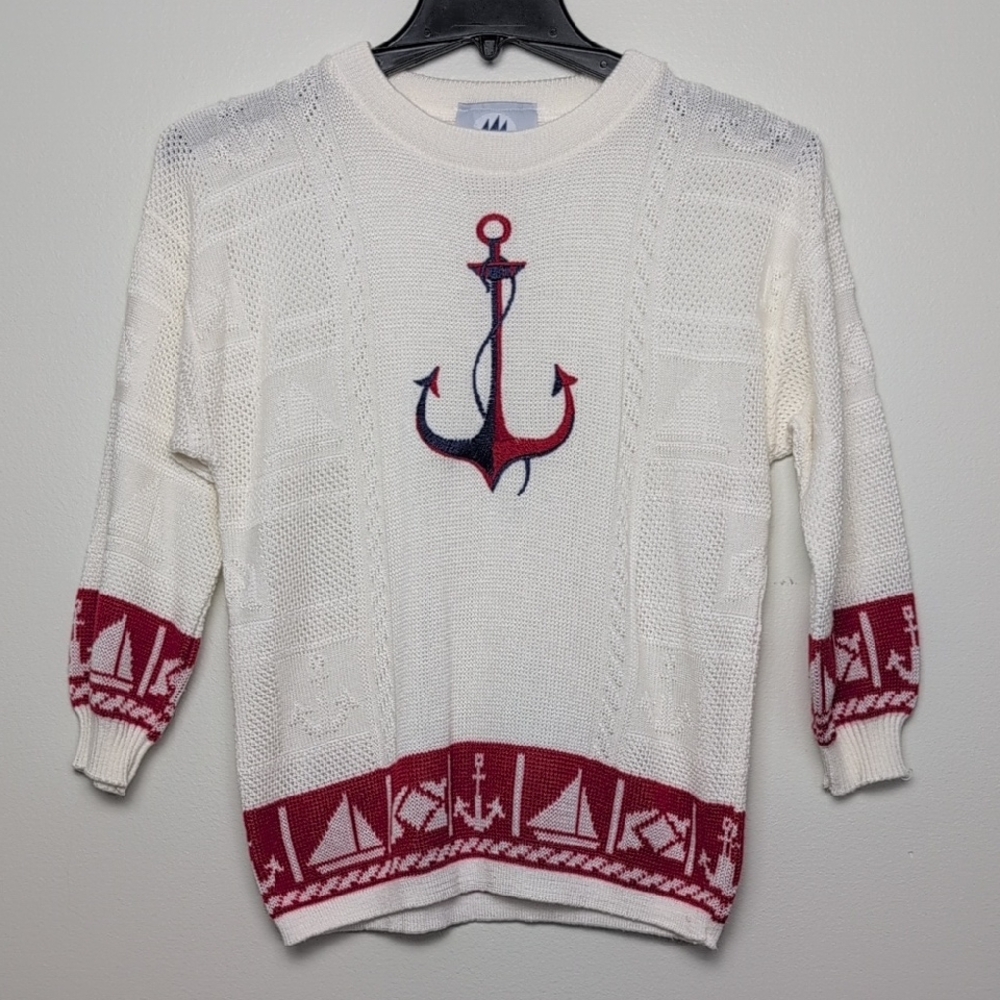 Vintage Nautical Anchor Knit Sweater - White and Red